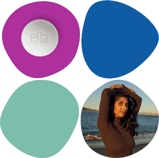 Four different color circles with a woman on a beach and an ella pill